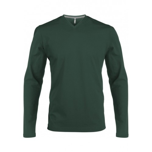 TEE-SHIRT COL V 100% COTON MANCHES LONGUES HOMME KARIBAN  VERT FORET