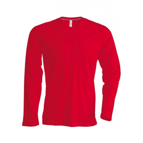 TEE-SHIRT COL V 100% COTON MANCHES LONGUES HOMME KARIBAN  ROUGE