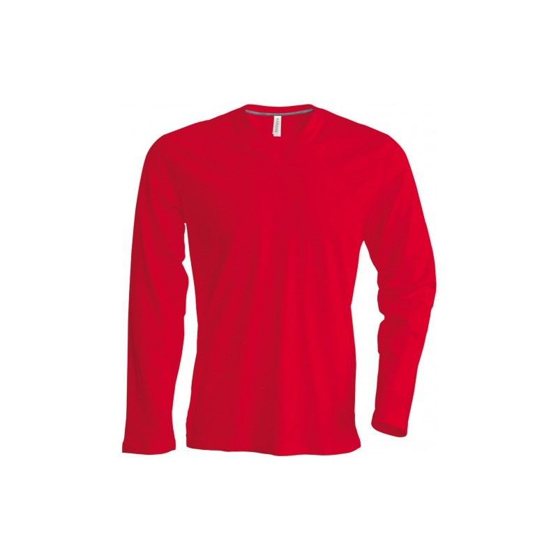 TEE-SHIRT COL V 100% COTON MANCHES LONGUES HOMME KARIBAN  ROUGE