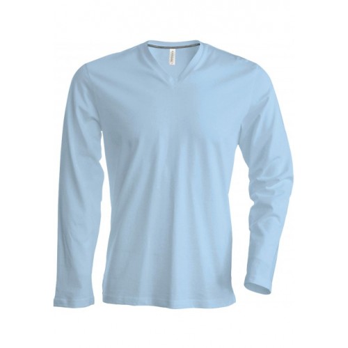 TEE-SHIRT COL V 100% COTON MANCHES LONGUES HOMME KARIBAN  BLEU CIEL 